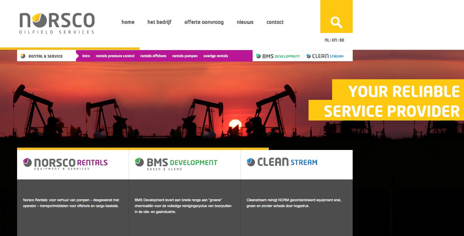 Foto van de homepage van de webportal van Norsco Oilfield Services in Ter Apel, leverancier en dienstverlener voor de onshore en offshore olie- en gasindustrie. 